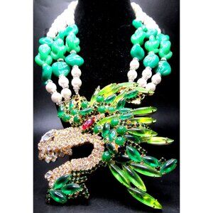 MOANS COUTURE Green Glass Roaring Dragon Pin/Pendant Necklace